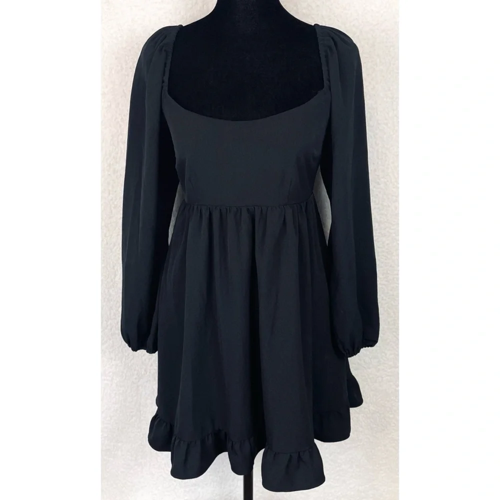 ABERCROMBIE & FITCH • Black Ruffle-Trim Long Sleeve Babydoll Mini Dress, SP - Picture 2 of 16
